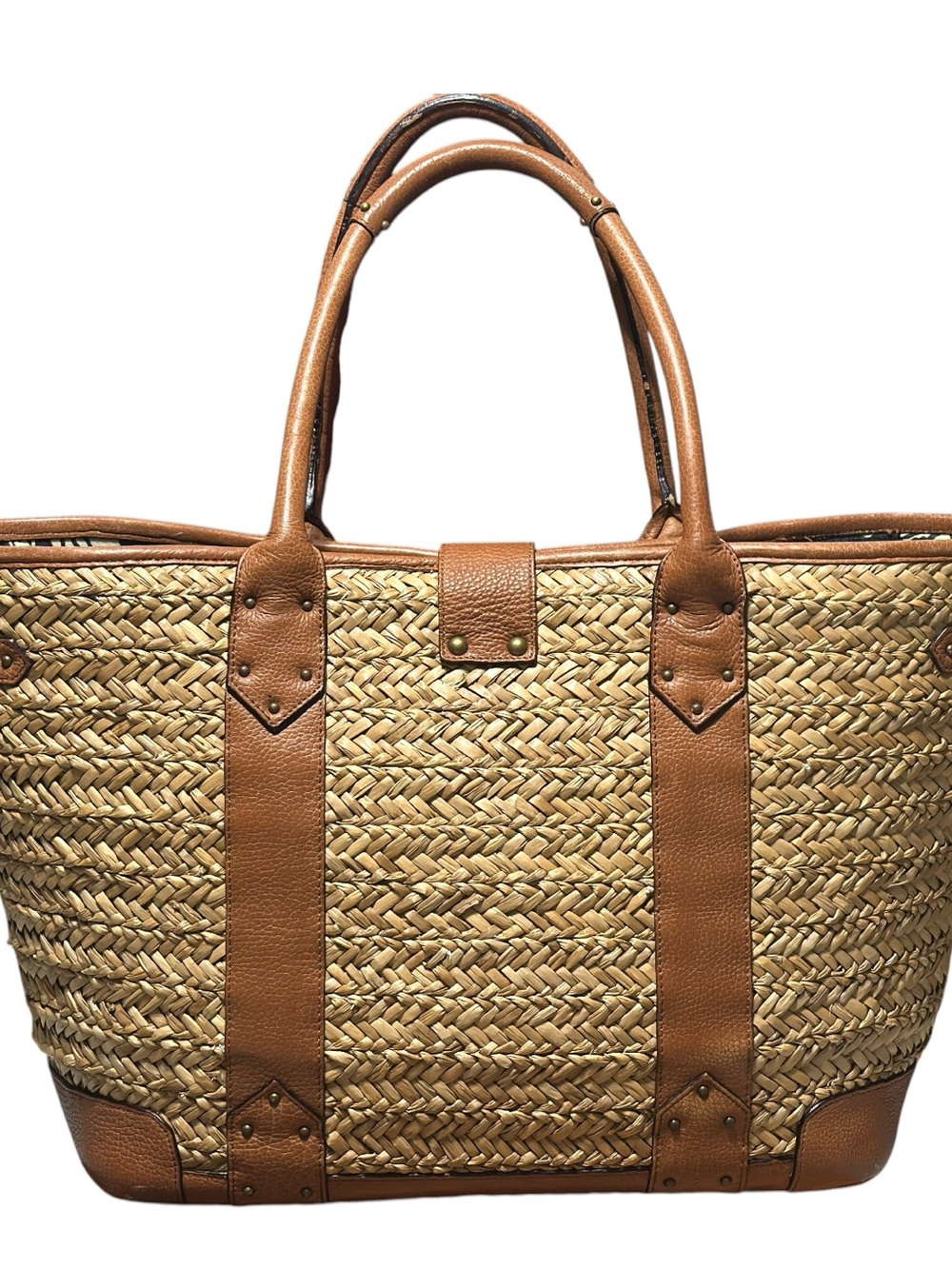 J. CREW Woven Straw Market Shopping Tote Beach Resort Bag Leather Straps Large - Picture 4 of 12